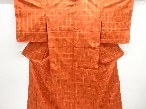 アンティーク　格子に絣柄織り出し手織り紬着物